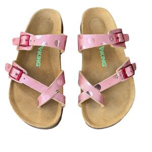 VIKING Tofino Youth Cork Sandals Buckle Pink Metallic Polka Dot EU34/US3-3.5 EUC